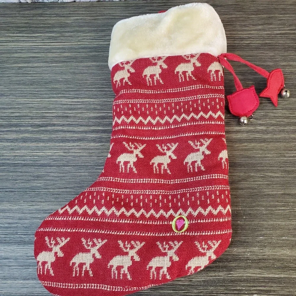 MEOW Kitty Cat Red Christmas Pet Stocking With Moose‎ Reindeer And Fabric Charms